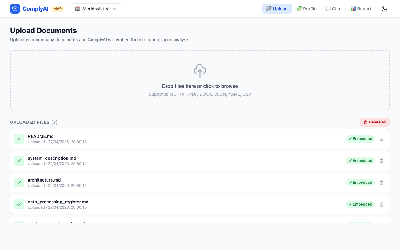 ComplyAI EU AI Act compliance copilot screenshot